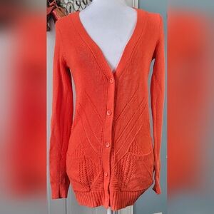 Moth Anthropologie Cardigan Women's XS Orange Deep V Neck Open Knit Button Down
